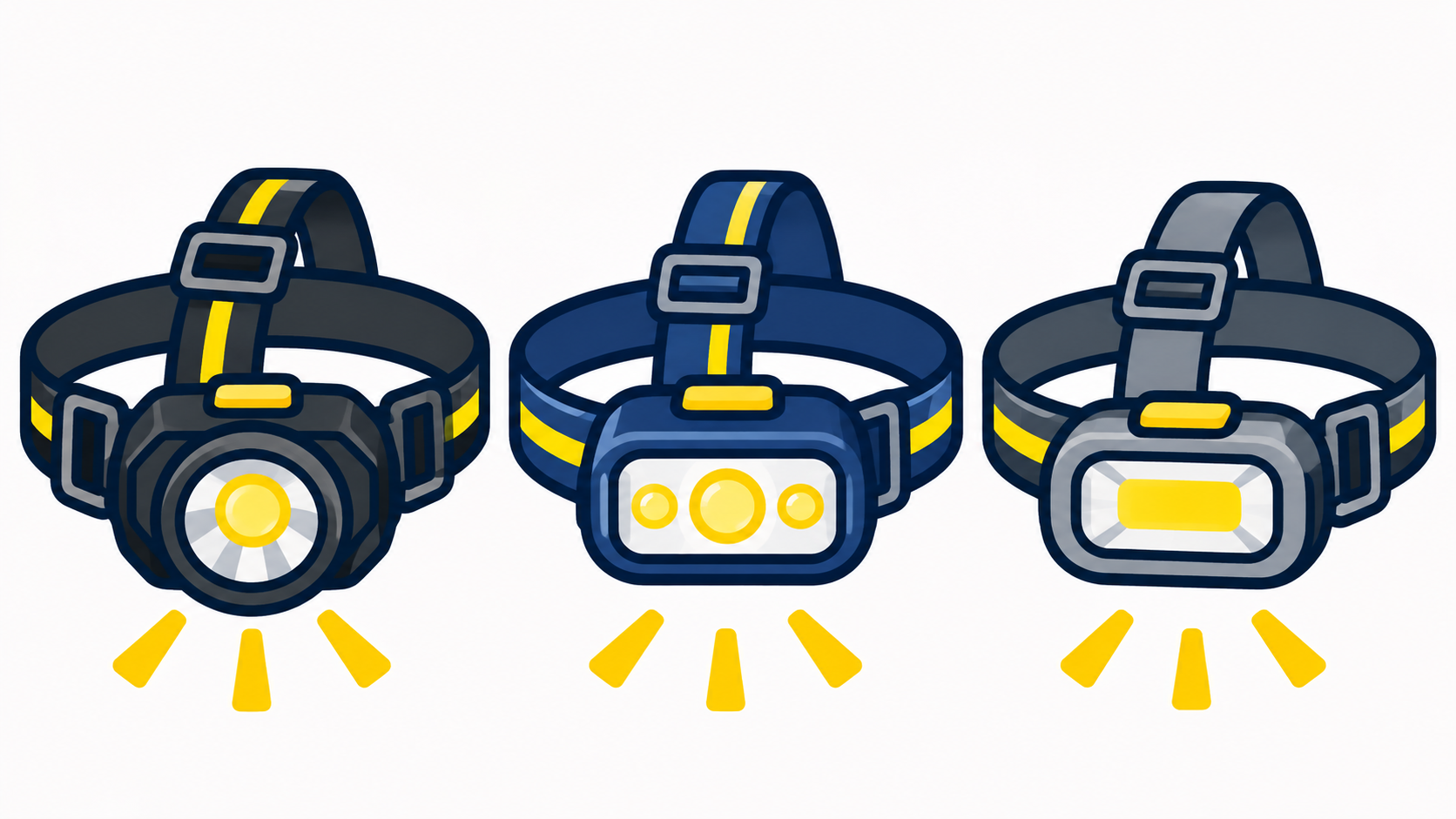 ヘッドライト3機種の比較イラスト(左から:ジェントス GH-201RG、ジェントス GH-218RG、ジェントス GH-203RG)