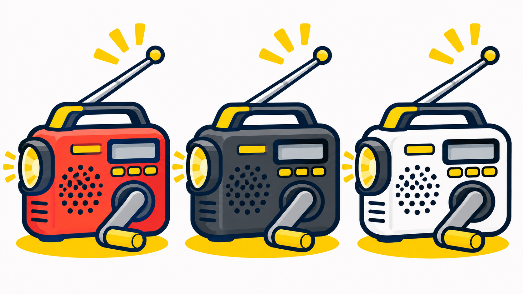 防災ラジオ3機種の比較イラスト(左から:ソニー ICF-B99、パナソニック RF-TJ20、東芝 TY-JKR6)
